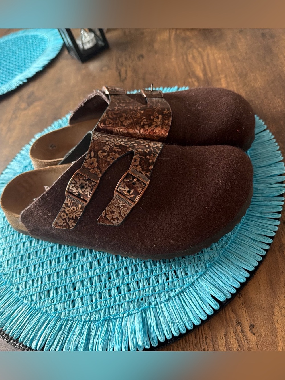 Papillio Brown Felt Clog with Floral Buckle Straps